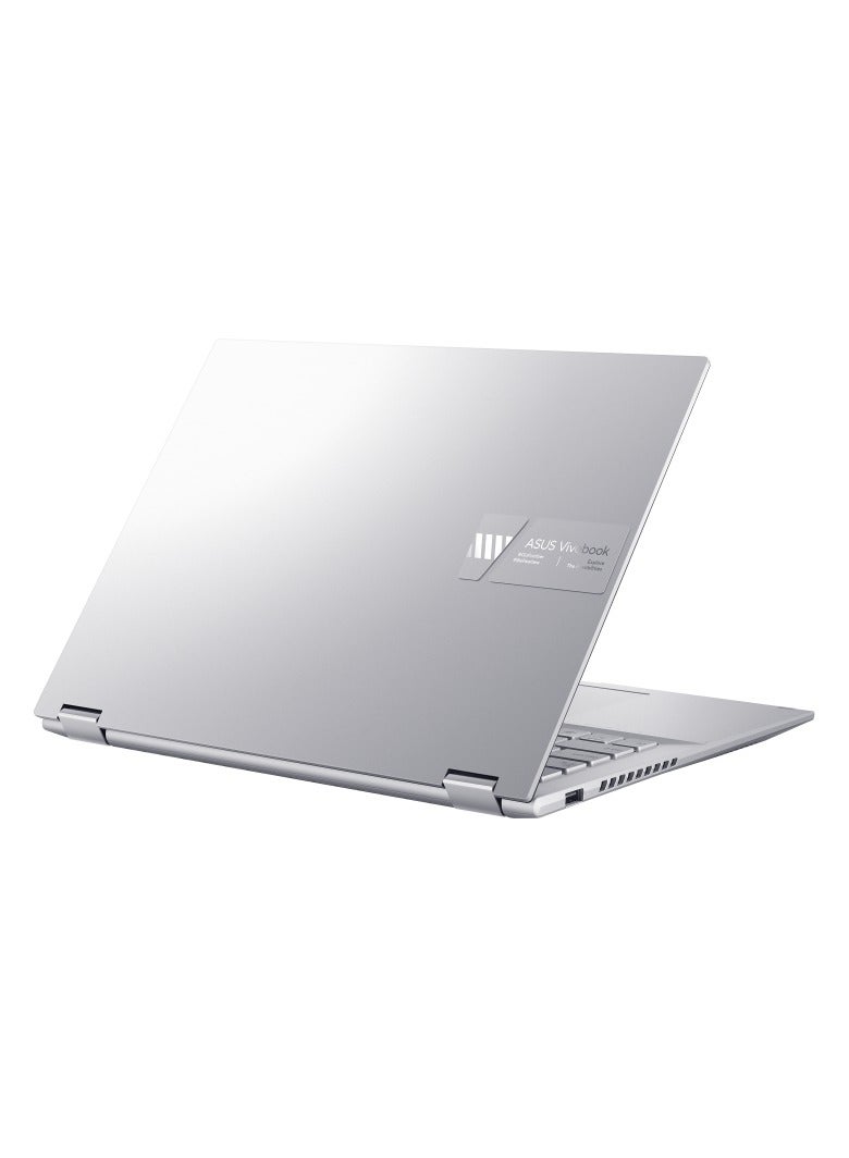 أسوس - ASUS Vivobook S14 Flip TP3402VA-EG009W Operating System	Windows 11 Home WUXGA (1920 x 1200) 14.0-inch IPS-level Panel Processor	Intel® Core™ i9-13900H Processor 2.6 GHz  On board memory	DDR4 16GB  Intergrated GPU Intel Iris Xᵉ Graphics  Storage 512GB M.2 NVMe™ PCIe® 4.0 SSD color (Cool Silver) Keyboard color (Silver) English/Arabic Cool Silver - Image 1