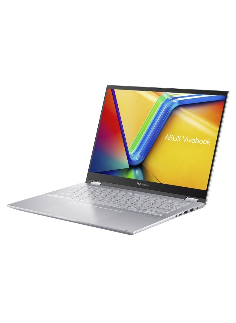 أسوس - ASUS Vivobook S14 Flip TP3402VA-EG009W Operating System	Windows 11 Home WUXGA (1920 x 1200) 14.0-inch IPS-level Panel Processor	Intel® Core™ i9-13900H Processor 2.6 GHz  On board memory	DDR4 16GB  Intergrated GPU Intel Iris Xᵉ Graphics  Storage 512GB M.2 NVMe™ PCIe® 4.0 SSD color (Cool Silver) Keyboard color (Silver) English/Arabic Cool Silver - Image 1