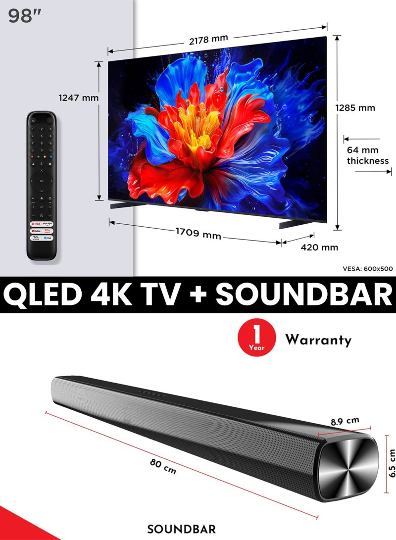 TCL 98-Inch P8K QLED 4K Smart TV + 2.0 Channel Premium Soundbar | [Google TV, AiPQ Pro Processor, 144Hz, HDR10+, Slim Uni-body] + [HDMI (ARC), USB, Bluetooth, FM Station, Aux] - (2025 Model) 98P8K+SOUNDBAR Black  - Image 2