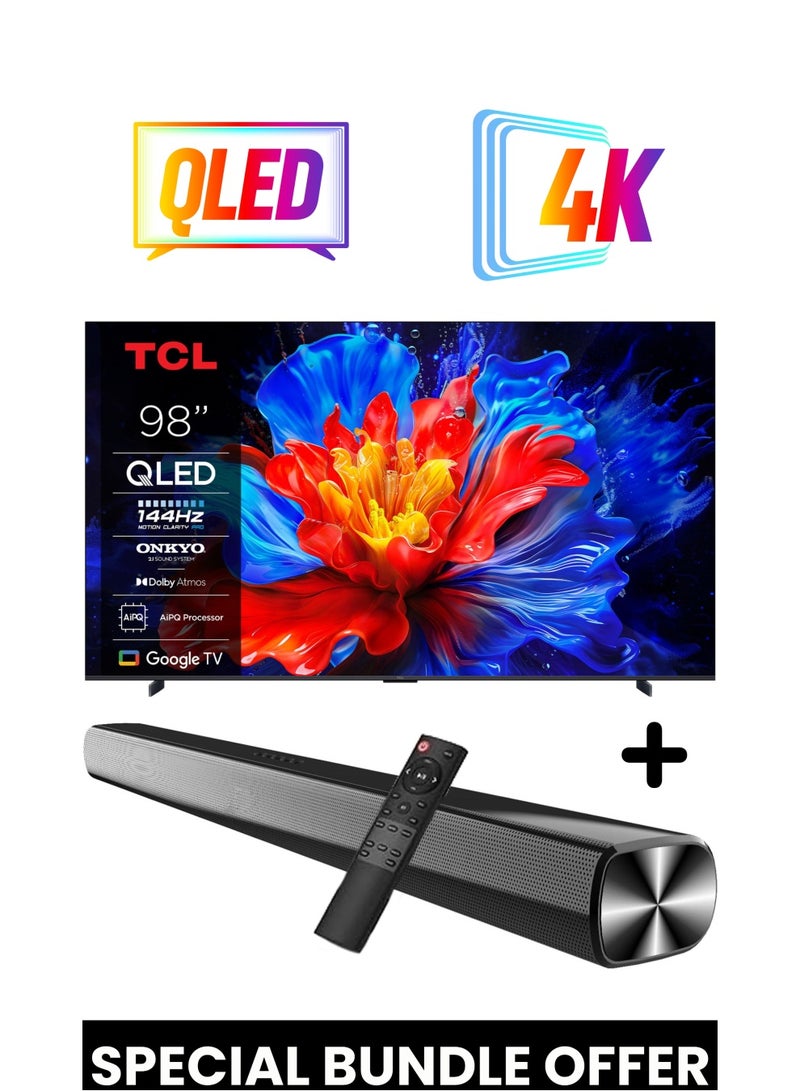 TCL 98-Inch P8K QLED 4K Smart TV + 2.0 Channel Premium Soundbar | [Google TV, AiPQ Pro Processor, 144Hz, HDR10+, Slim Uni-body] + [HDMI (ARC), USB, Bluetooth, FM Station, Aux] - (2025 Model) 98P8K+SOUNDBAR Black  - Image 1