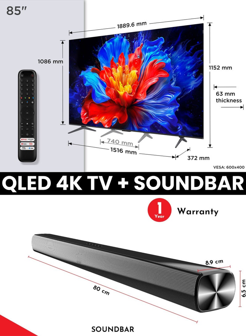 تي سي إل 85-Inch P8K QLED 4K Smart TV + 2.0 Channel Premium Soundbar | [Google TV, AiPQ Pro Processor, 144Hz, HDR10+, Slim Uni-body] + [HDMI (ARC), USB, Bluetooth, FM Station, Aux] - (2025 Model) 85P8K+SOUNDBAR Black - Image 2