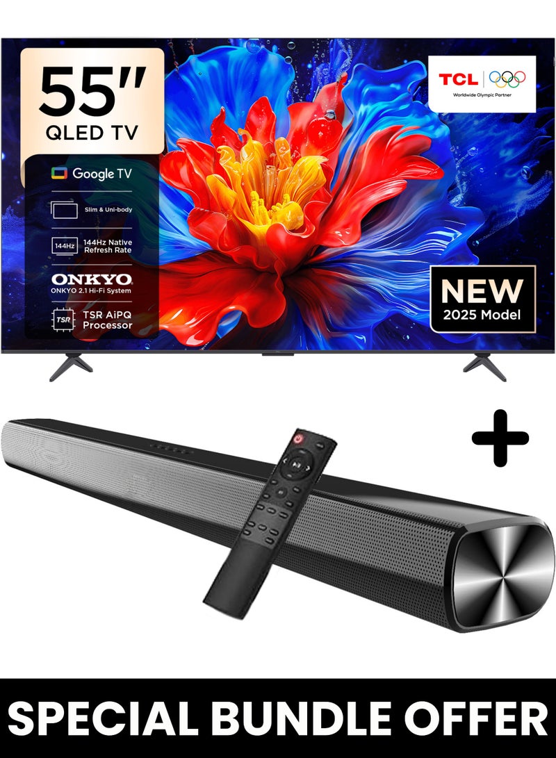 تي سي إل 55-Inch P8K QLED 4K Smart TV + 2.0 Channel Premium Soundbar | [Google TV, AiPQ Pro Processor, 144Hz, HDR10+, Slim Uni-body] + [HDMI (ARC), USB, Bluetooth, FM Station, Aux] - (2025 Model) 55P8K+SOUNDBAR Black - Image 1