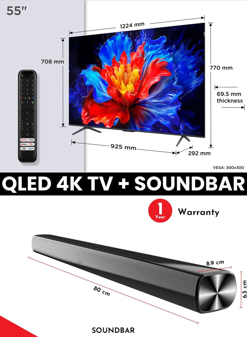 تي سي إل 55-Inch P8K QLED 4K Smart TV + 2.0 Channel Premium Soundbar | [Google TV, AiPQ Pro Processor, 144Hz, HDR10+, Slim Uni-body] + [HDMI (ARC), USB, Bluetooth, FM Station, Aux] - (2025 Model) 55P8K+SOUNDBAR Black - Image 2