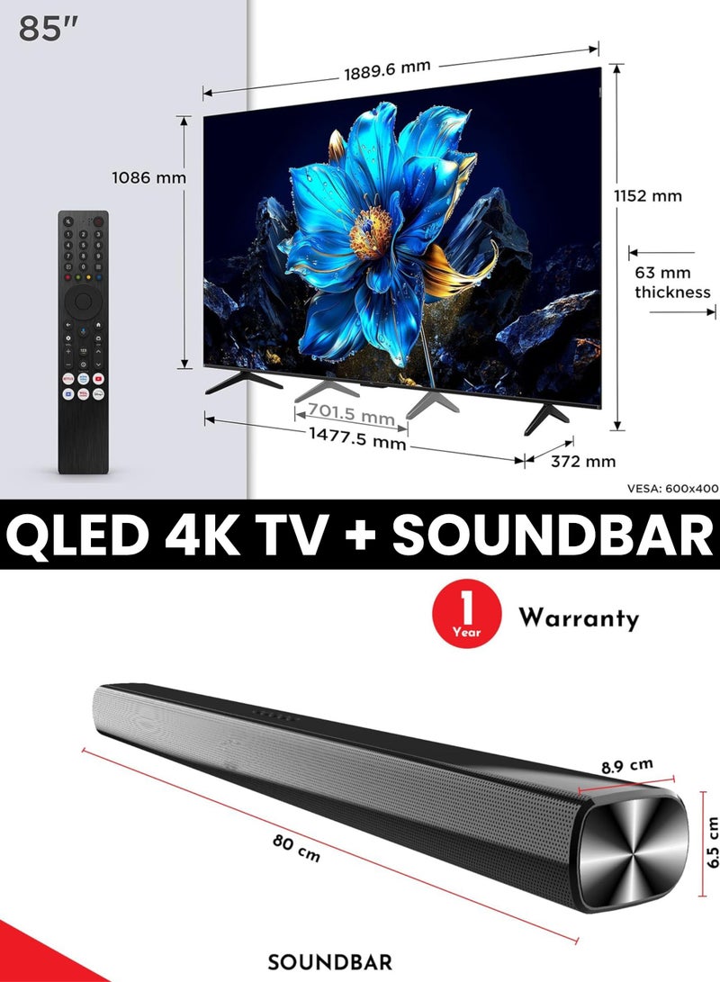 TCL 85-Inch P7K QLED 4K Smart TV + 2.0 Channel Premium Soundbar | [Google TV, AiPQ Processor, 60Hz, HDR10+, MEMC, Slim Uni-body] + [HDMI (ARC), USB, Bluetooth, FM Station, Aux] - (2025 Model) 85P7K+SOUNDBAR Black  - Image 2