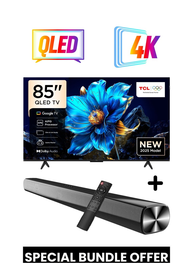 TCL 85-Inch P7K QLED 4K Smart TV + 2.0 Channel Premium Soundbar | [Google TV, AiPQ Processor, 60Hz, HDR10+, MEMC, Slim Uni-body] + [HDMI (ARC), USB, Bluetooth, FM Station, Aux] - (2025 Model) 85P7K+SOUNDBAR Black  - Image 1