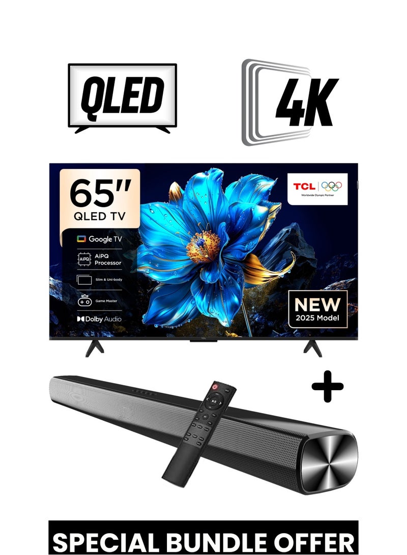 TCL 65-Inch P7K QLED 4K Smart TV + 2.0 Channel Premium Soundbar | [Google TV, AiPQ Processor, 60Hz, HDR10+, MEMC, Slim Uni-body] + [HDMI (ARC), USB, Bluetooth, FM Station, Aux] - (2025 Model) 65P7K+SOUNDBAR Black  - Image 1
