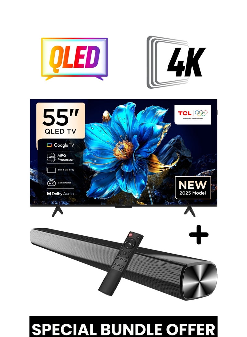 TCL 55-Inch P7K QLED 4K Smart TV + 2.0 Channel Premium Soundbar | [Google TV, AiPQ Processor, 60Hz, HDR10+, MEMC, Slim Uni-body] + [HDMI (ARC), USB, Bluetooth, FM Station, Aux] - (2025 Model) 55P7K+SOUNDBAR Black  - Image 1