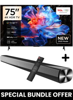 75-Inch P6K UHD LED 4K Smart TV + 2.0 Channel Premium Soundbar | [Google TV, AiPQ Processor, 60Hz, HDR10, MEMC, Metallic Bezel-less body] + [HDMI (ARC), USB, Bluetooth, FM Station, Aux] - (2025 Model) 75P6K+SOUNDBAR Black