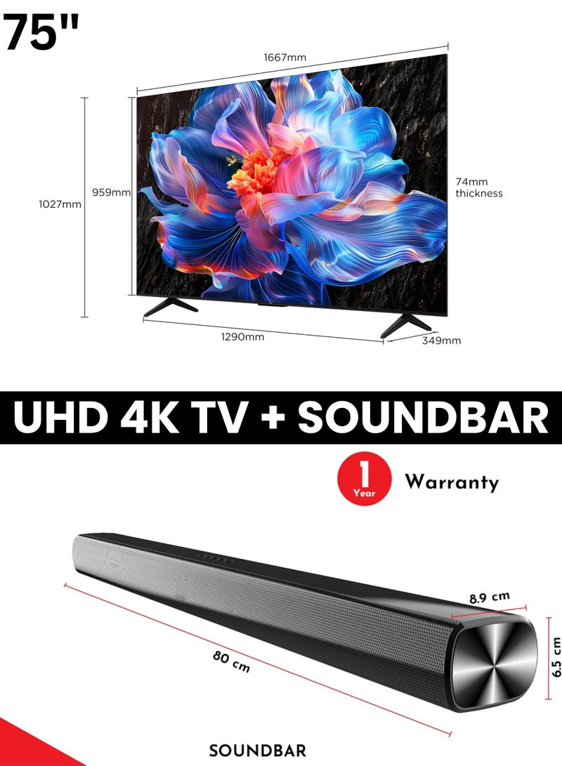 TCL - 75-Inch P6K UHD LED 4K Smart TV + 2.0 Channel Premium Soundbar | [Google TV, AiPQ Processor, 60Hz, HDR10, MEMC, Metallic Bezel-less body] + [HDMI (ARC), USB, Bluetooth, FM Station, Aux] - (2025 Model) 75P6K+SOUNDBAR Black - Image 1