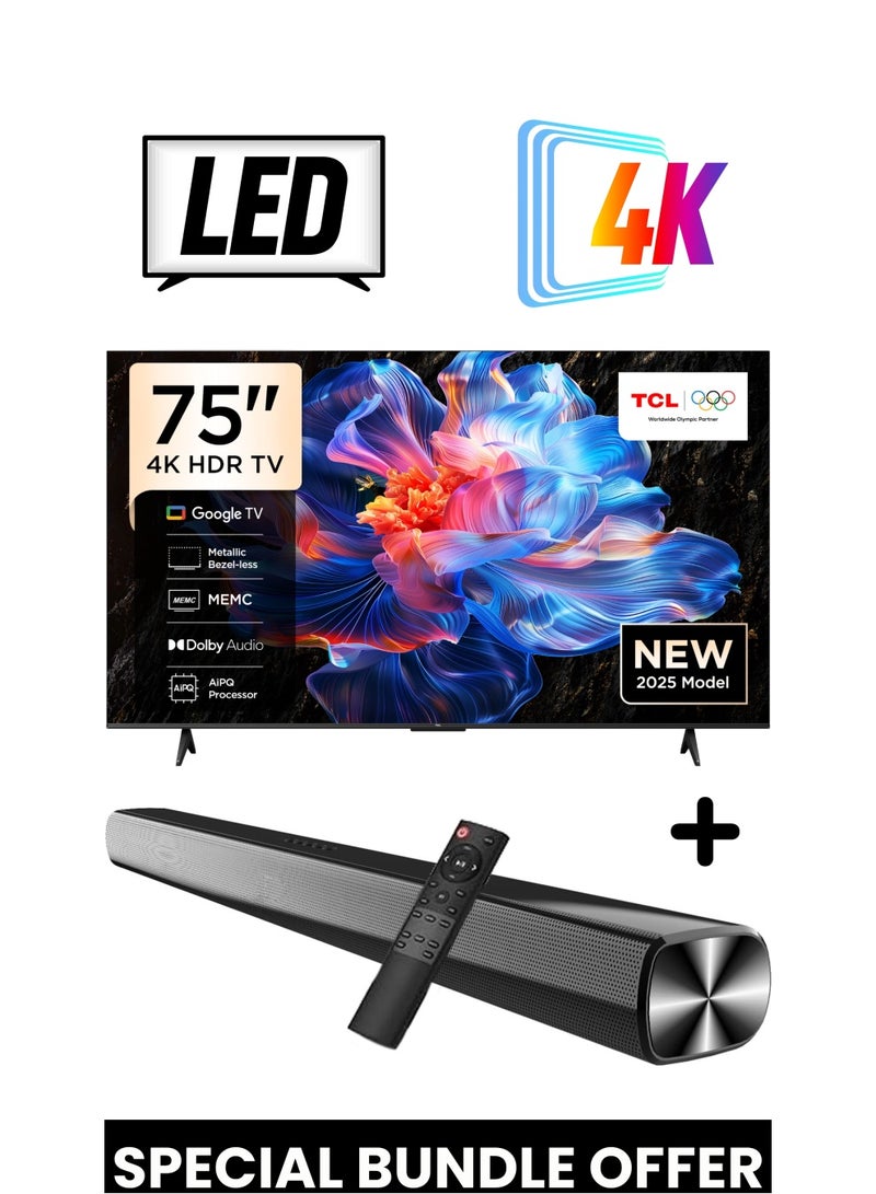 TCL 75-Inch P6K UHD LED 4K Smart TV + 2.0 Channel Premium Soundbar | [Google TV, AiPQ Processor, 60Hz, HDR10, MEMC, Metallic Bezel-less body] + [HDMI (ARC), USB, Bluetooth, FM Station, Aux] - (2025 Model) 75P6K+SOUNDBAR Black  - Image 1