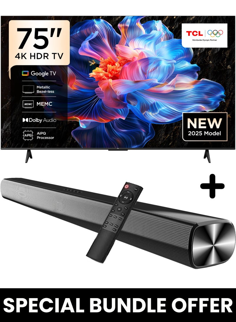 تي سي إل 75-Inch P6K UHD LED 4K Smart TV + 2.0 Channel Premium Soundbar | [Google TV, AiPQ Processor, 60Hz, HDR10, MEMC, Metallic Bezel-less body] + [HDMI (ARC), USB, Bluetooth, FM Station, Aux] - (2025 Model) 75P6K+SOUNDBAR Black - Image 1
