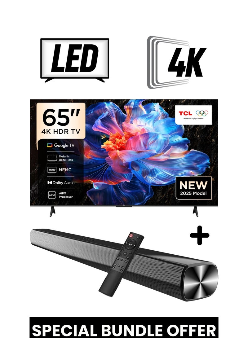 TCL 65-Inch P6K UHD LED 4K Smart TV + 2.0 Channel Premium Soundbar | [Google TV, AiPQ Processor, 60Hz, HDR10, MEMC, Metallic Bezel-less body] + [HDMI (ARC), USB, Bluetooth, FM Station, Aux] - (2025 Model) 65P6K+SOUNDBAR Black  - Image 1