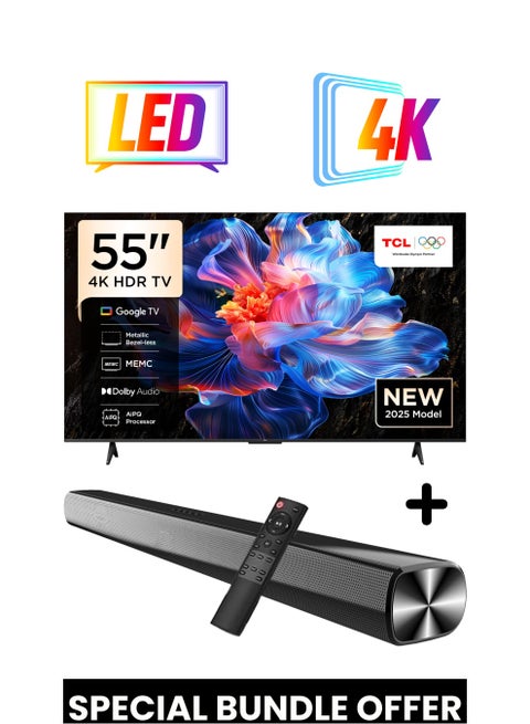 55-Inch P6K UHD LED 4K Smart TV + 2.0 Channel Premium Soundbar | [Google TV, AiPQ Processor, 60Hz, HDR10, MEMC, Metallic Bezel-less body] + [HDMI (ARC), USB, Bluetooth, FM Station, Aux] - (2025 Model) 55P6K+SOUNDBAR Black