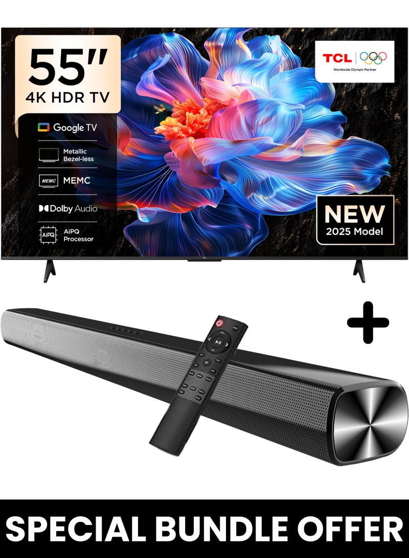 TCL 55-Inch P6K UHD LED 4K Smart TV + 2.0 Channel Premium Soundbar | [Google TV, AiPQ Processor, 60Hz, HDR10, MEMC, Metallic Bezel-less body] + [HDMI (ARC), USB, Bluetooth, FM Station, Aux] - (2025 Model) 55P6K+SOUNDBAR Black - Image 1