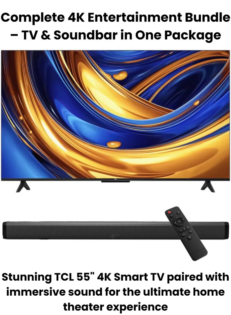 TCL 55-Inch P655 UHD LED 4K Smart TV + 2.0 Channel Premium Soundbar | [Google TV, AiPQ Processor, 60Hz, HDR10, Metallic Bezel-less body] + [HDMI (ARC), USB, Bluetooth, FM Station, Aux] - (2024 Model) 55P655+SOUNDBAR Black  - Image 3