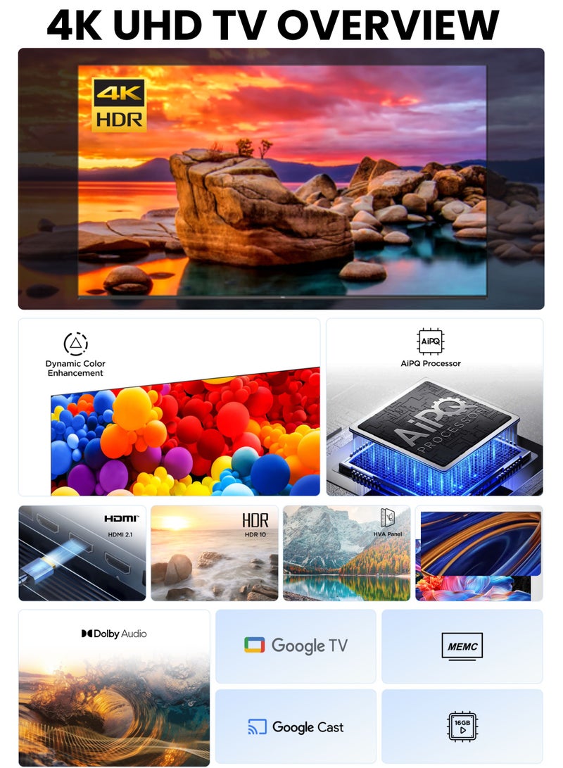 TCL 55-Inch P655 UHD LED 4K Smart TV + 2.0 Channel Premium Soundbar | [Google TV, AiPQ Processor, 60Hz, HDR10, Metallic Bezel-less body] + [HDMI (ARC), USB, Bluetooth, FM Station, Aux] - (2024 Model) 55P655+SOUNDBAR Black  - Image 4