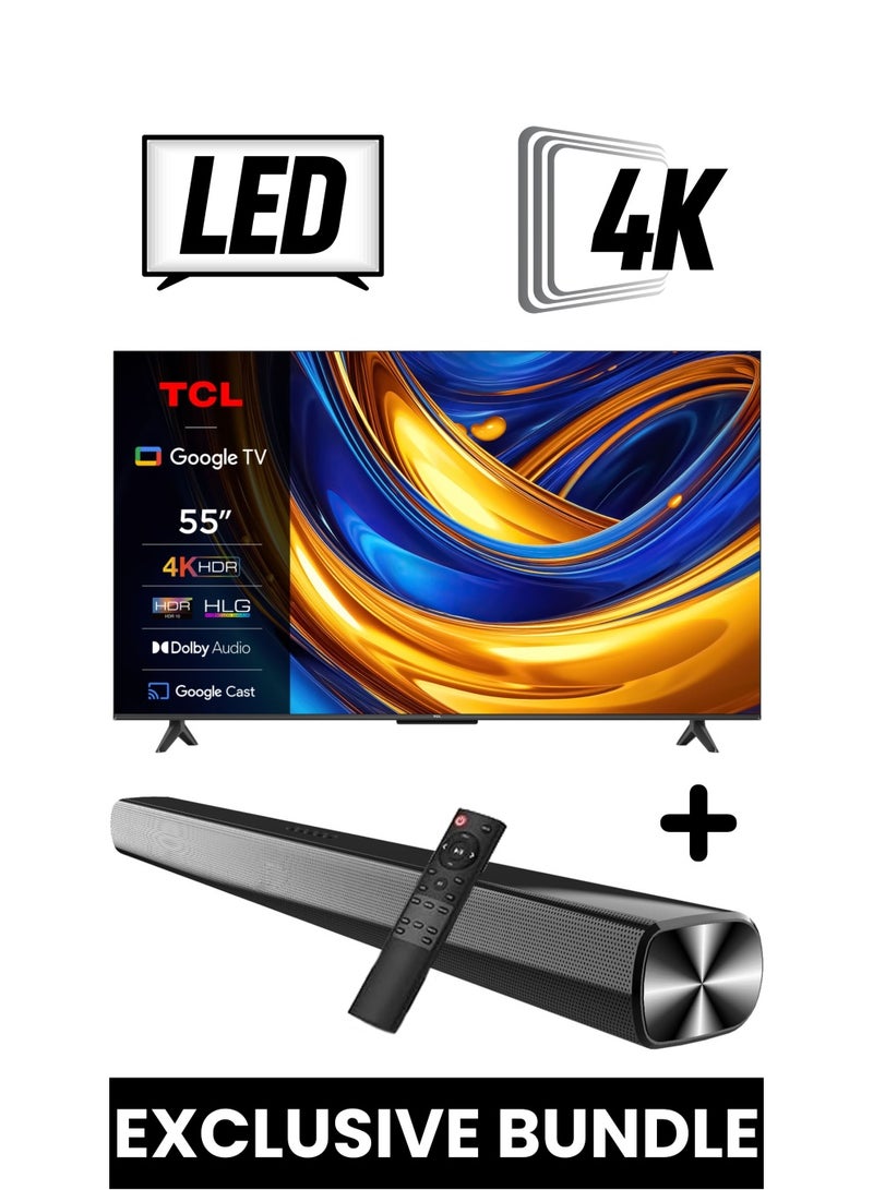 TCL 55-Inch P655 UHD LED 4K Smart TV + 2.0 Channel Premium Soundbar | [Google TV, AiPQ Processor, 60Hz, HDR10, Metallic Bezel-less body] + [HDMI (ARC), USB, Bluetooth, FM Station, Aux] - (2024 Model) 55P655+SOUNDBAR Black  - Image 1