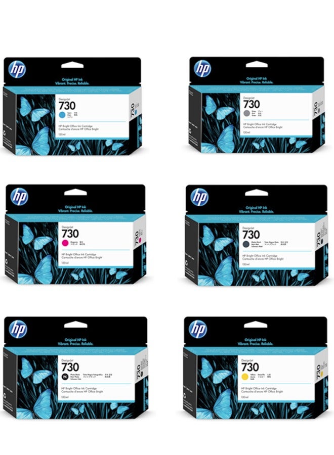 HP حزمة قيمة حبر HP 730 الأصلية (6 × 130 مل) لطابعات HP T1600 و T1700 و T2600 و T940 - Image 1