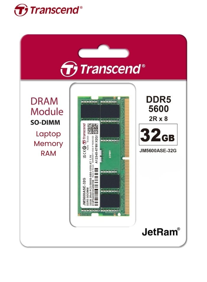 Transcend JetRAM 32GB DDR5 5600 Mhz | SO-DIMM | CL46 1.1V | JM5600ASE-32G | Laptop Memory RAM 7cm green  - Image 2