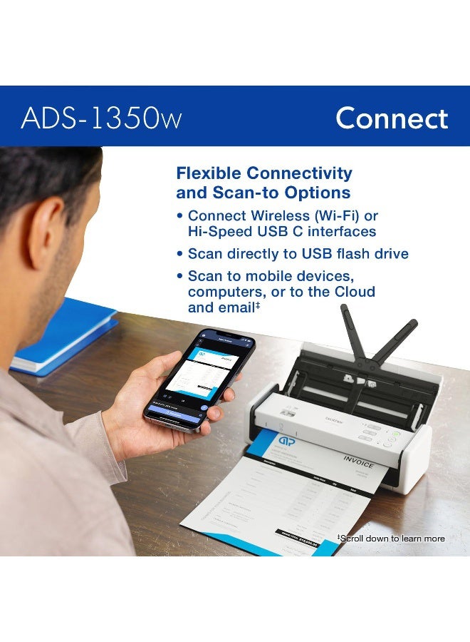 بروذر High-speed Wireless Desktop Scanner | Duplex A4 Document Scanner | USB Powered ADS-1350W Black/White  - Image 2