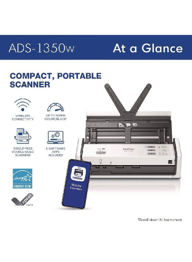 بروذر High-speed Wireless Desktop Scanner | Duplex A4 Document Scanner | USB Powered ADS-1350W Black/White  - Image 4