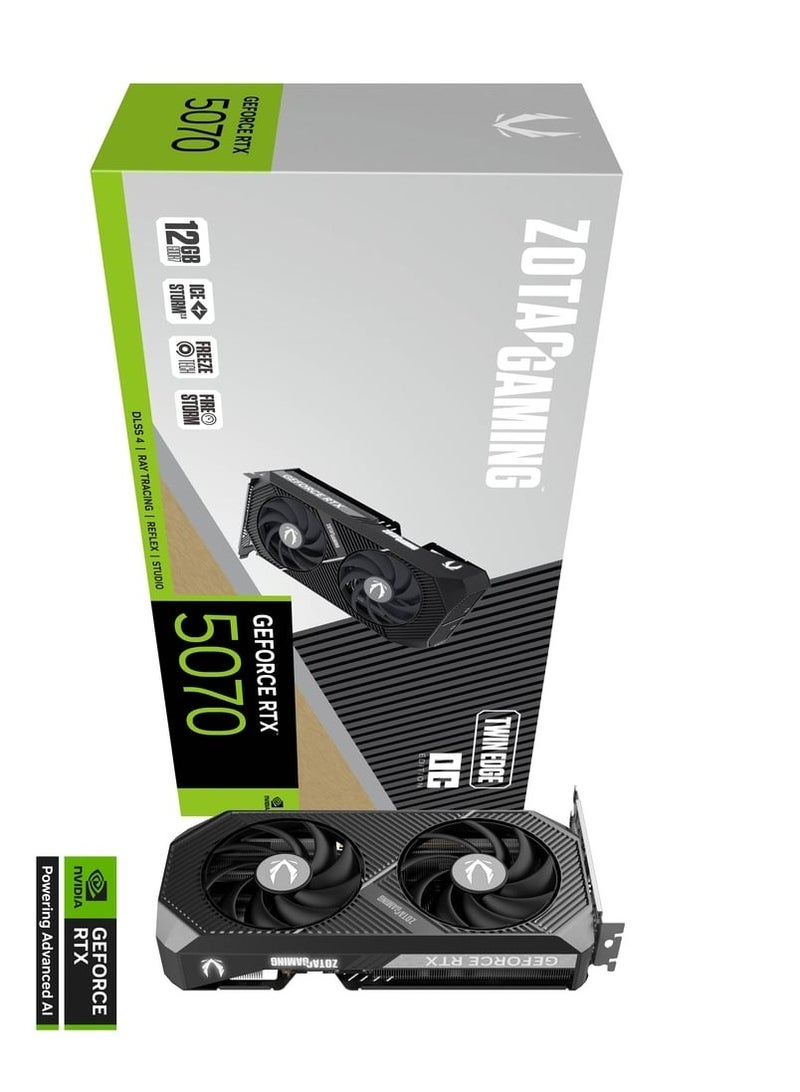 زوتاك GAMING GeForce RTX 5070 Twin Edge OC 12GB GDDR7 Graphics Card, Factory OC 2542MHz, 6144 CUDA Cores, 192-bit, PCIe 5.0, DLSS 4, Ray Tracing, IceStorm 2.0 Cooling, Dual Fan, 3x DP 2.1, 1x HDMI 2.1, 250W TDP, Compact Dual-Slot | ZT-B50700H-10P 