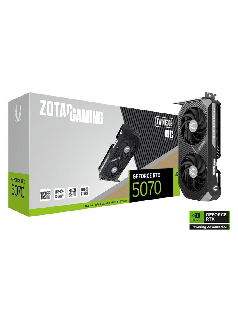 زوتاك GAMING GeForce RTX 5070 Twin Edge OC 12GB GDDR7 Graphics Card, Factory OC 2542MHz, 6144 CUDA Cores, 192-bit, PCIe 5.0, DLSS 4, Ray Tracing, IceStorm 2.0 Cooling, Dual Fan, 3x DP 2.1, 1x HDMI 2.1, 250W TDP, Compact Dual-Slot | ZT-B50700H-10P 