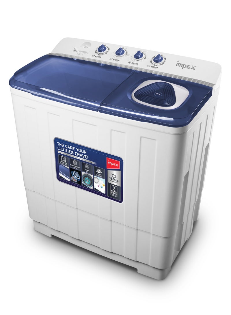 إمبكس 18 Kg Semi Automatic Twin Tub Washing Machine | 9 Kg Spin Capacity | Air Turbo | Rust-Free Body | Energy Efficient Motor | Transparent Window View | Perfect for Home, Apartments, Hotels |WM 4218 - 18 kg 700 W WM 4218 White/Blue  - Image 1