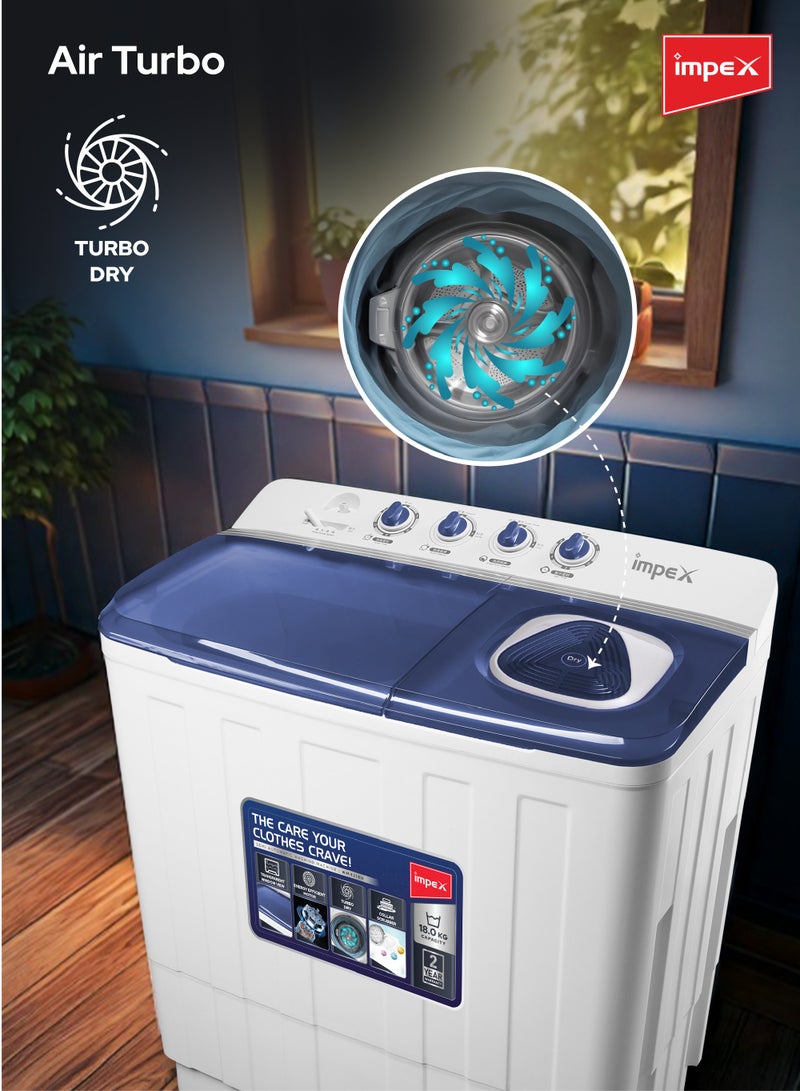 إمبكس 18 Kg Semi Automatic Twin Tub Washing Machine | 9 Kg Spin Capacity | Air Turbo | Rust-Free Body | Energy Efficient Motor | Transparent Window View | Perfect for Home, Apartments, Hotels |WM 4218 - 18 kg 700 W WM 4218 White/Blue  - Image 4