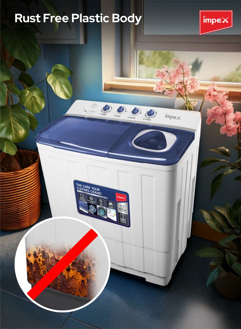18 Kg Semi Automatic Twin Tub Washing Machine | 9 Kg Spin Capacity | Air Turbo | Rust-Free Body | Energy Efficient Motor | Transparent Window View | Perfect for Home, Apartments, Hotels |WM 4218 - 18 kg 700 W WM 4218 White/Blue