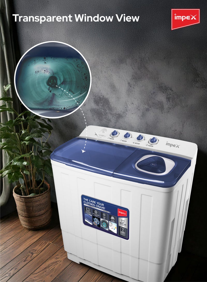 إمبكس 18 Kg Semi Automatic Twin Tub Washing Machine | 9 Kg Spin Capacity | Air Turbo | Rust-Free Body | Energy Efficient Motor | Transparent Window View | Perfect for Home, Apartments, Hotels |WM 4218 - 18 kg 700 W WM 4218 White/Blue  - Image 3