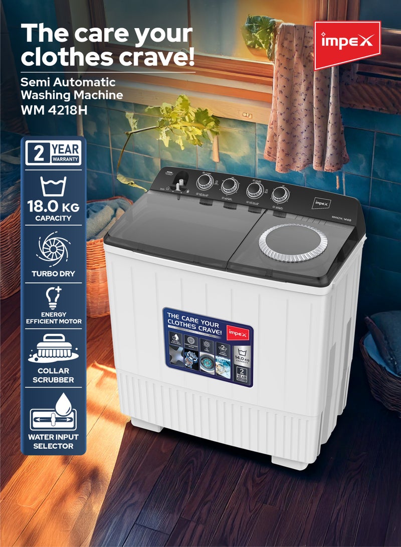 إمبكس 18 Kg Semi Automatic Twin Tub Washing Machine | 9 Kg Spin Capacity | Air Turbo | Rust-Free Body | Energy Efficient Motor | Transparent Window View | Perfect for Home, Apartments, Hotels |WM 4218 - 18 kg 700 W WM 4218 White/Blue  - Image 2