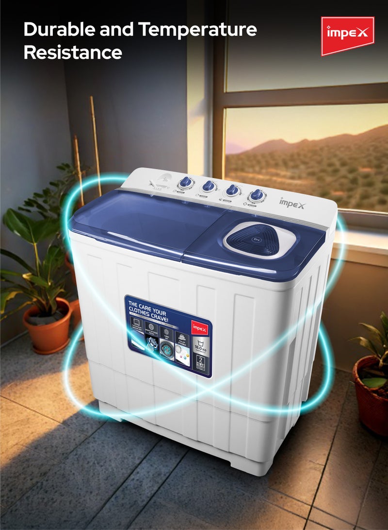 18 Kg Semi Automatic Twin Tub Washing Machine | 9 Kg Spin Capacity | Air Turbo | Rust-Free Body | Energy Efficient Motor | Transparent Window View | Perfect for Home, Apartments, Hotels |WM 4218 - 18 kg 700 W WM 4218 White/Blue