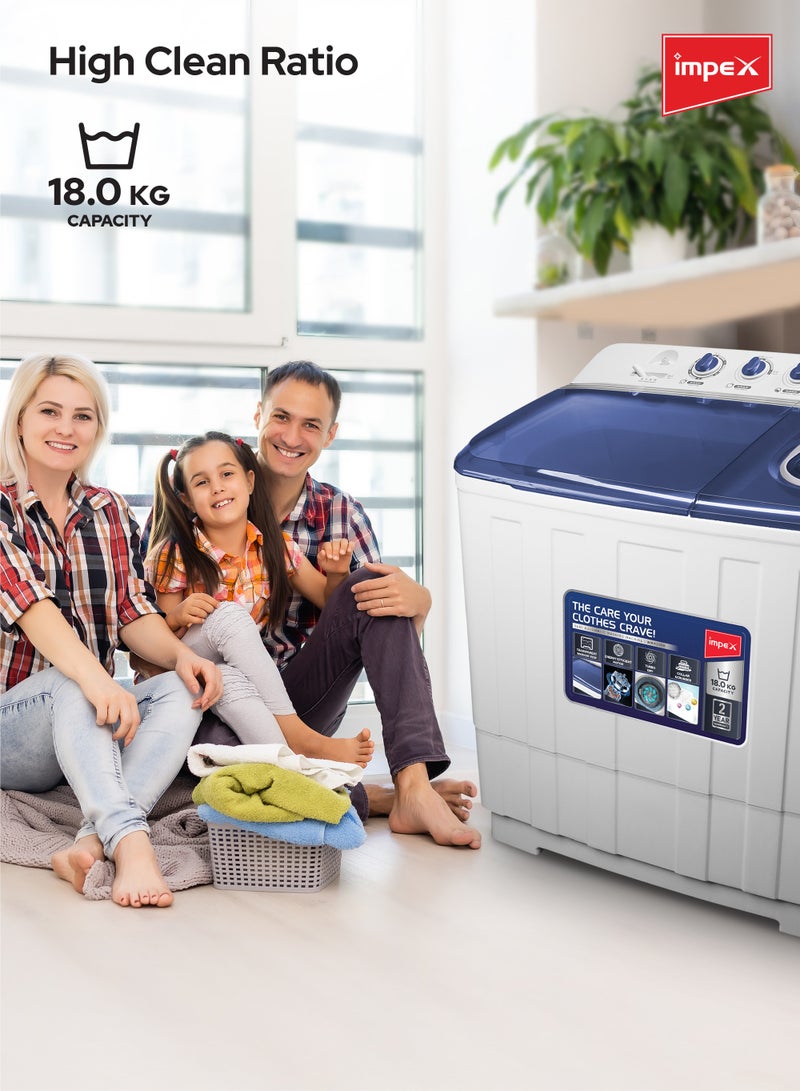 18 Kg Semi Automatic Twin Tub Washing Machine | 9 Kg Spin Capacity | Air Turbo | Rust-Free Body | Energy Efficient Motor | Transparent Window View | Perfect for Home, Apartments, Hotels |WM 4218 - 18 kg 700 W WM 4218 White/Blue