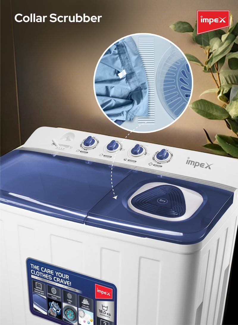 إمبكس 18 Kg Semi Automatic Twin Tub Washing Machine | 9 Kg Spin Capacity | Air Turbo | Rust-Free Body | Energy Efficient Motor | Transparent Window View | Perfect for Home, Apartments, Hotels |WM 4218 - 18 kg 700 W WM 4218 White/Blue  - Image 5