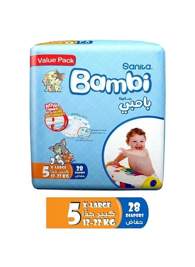 سانيتا حفاضات بيبي بامبي توم وجيري، الحجم 5، XL، 12-22 كجم، عبوة قيمة، 28 حبة
