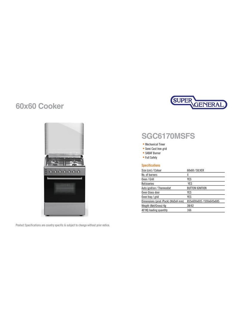 SUPER GENERAL 60x60 Full Safety Gas Cooker With 4 SABAF Gas Burners And Rotisserie, Grill, Oven - SGC6170MSFS Silver - Image 2