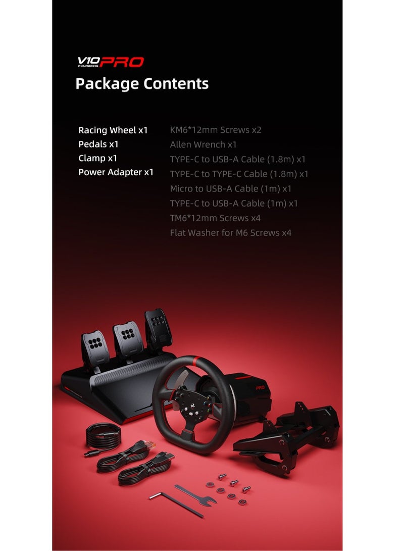 V10 Pro Direct Drive Racing Wheel – 3.2Nm Torque, Servo Motor, Multi-Platform (PC, Xbox, PS4) – 270mm D-Shaped Wheel, 3-Pedal Bundle (Clutch, Brake, Accelerator), Hall-Effect Magnetic Pedals, F1 Paddle Shifters, App Control, Intelligent Cooling 17 Programmable Buttons – Ultimate Realistic Driving Simulator