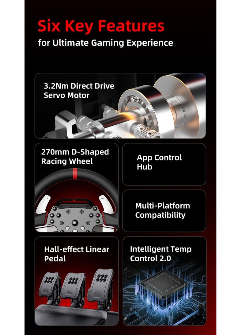 PXN V10 Pro Direct Drive Racing Wheel – 3.2Nm Torque, Servo Motor, Multi-Platform (PC, Xbox, PS4) – 270mm D-Shaped Wheel, 3-Pedal Bundle (Clutch, Brake, Accelerator), Hall-Effect Magnetic Pedals, F1 Paddle Shifters, App Control, Intelligent Cooling 17 Programmable Buttons – Ultimate Realistic Driving Simulator  - Image 3