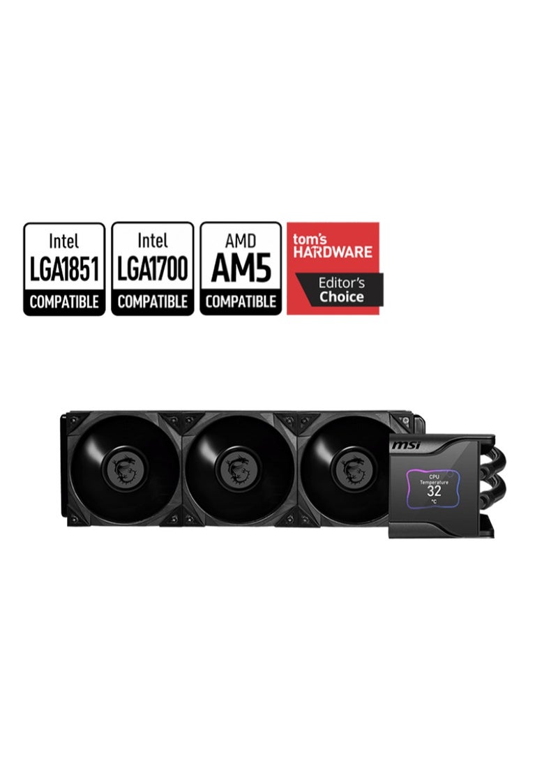 MSI MEG Coreliquid S360 AIO Liquid CPU Cooler, 360mm Radiator, Intel LGA1700 Compatible, 3x 120mm Silent Gale Fans, 56.2 CFM, 2000 RPM, 4-Pin PWM, Hydro Dynamic Bearing, 2.4" LCD Display, ARGB, Black | 9S6-6A0521-005  - Image 1
