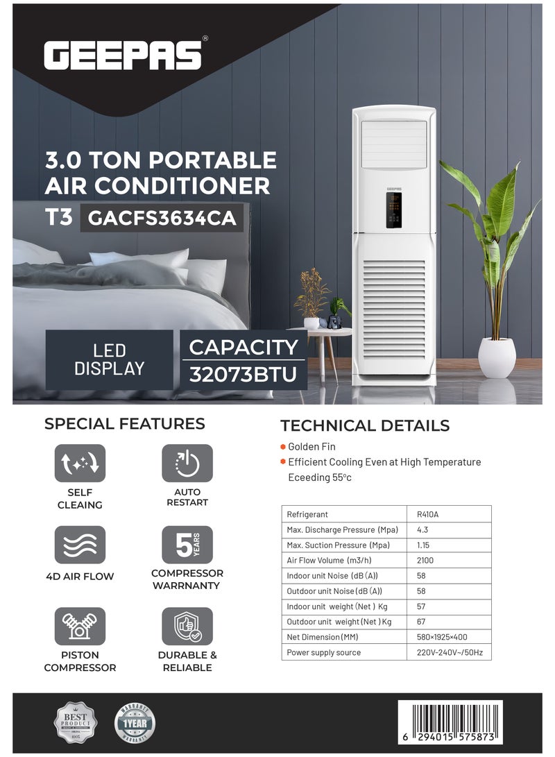جيباس 3.0 Ton Portable Air Conditioner – T3, Model GACFS3634CA, 32073 BTU, LED Display GACFS3634CA White  - Image 2