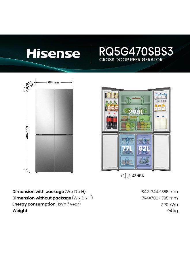 Hisense Gross 610L/Net 456L Cross Door  Refrigerator Fridge RQ5G470SBS3, My Fresh Choice Function, Metal-Tech Cooling, Durable Inverter, Premium Flat Door Design, Total No Frost, Multi AirFlow, Inverter RQ5G470SBS3 SILVER - Image 3