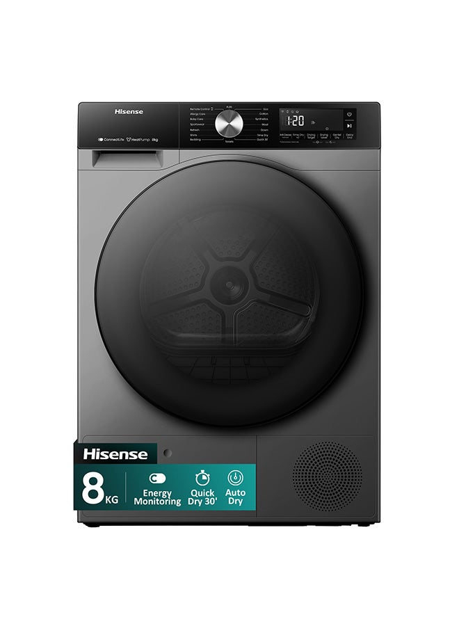 هايسنس مجفف ملابس بمضخة حرارية سعة 8 كجم، 15 برنامج، تجفيف تلقائي، ميزة واي فاي ذكي مع ConnectLife، غسيل سريع، وظيفة الإيقاف والإضافة - - Image 1