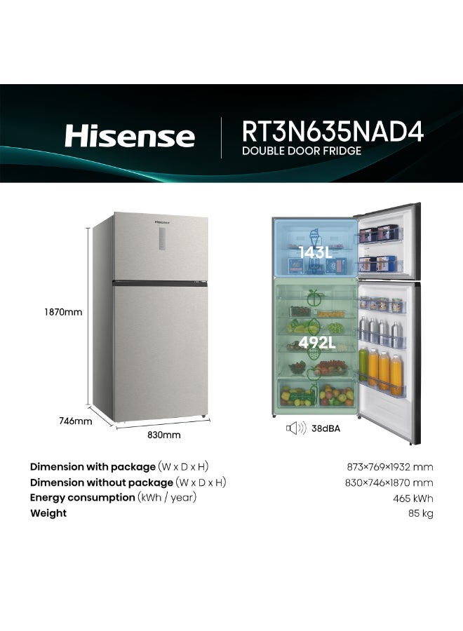 Hisense 826L Gross/635L Net Capacity Top-Mount Refrigerator with Inverter Technology, Big Capacity,Total No Frost,Precise Electronic Control,Adjustable Glass Shelf,Easy Approach Drawers,Fresh Crisper,Supper Cooling, Twist Icemaker,RT3N635NAD4 RT3N635NAD4 Silver - Image 3