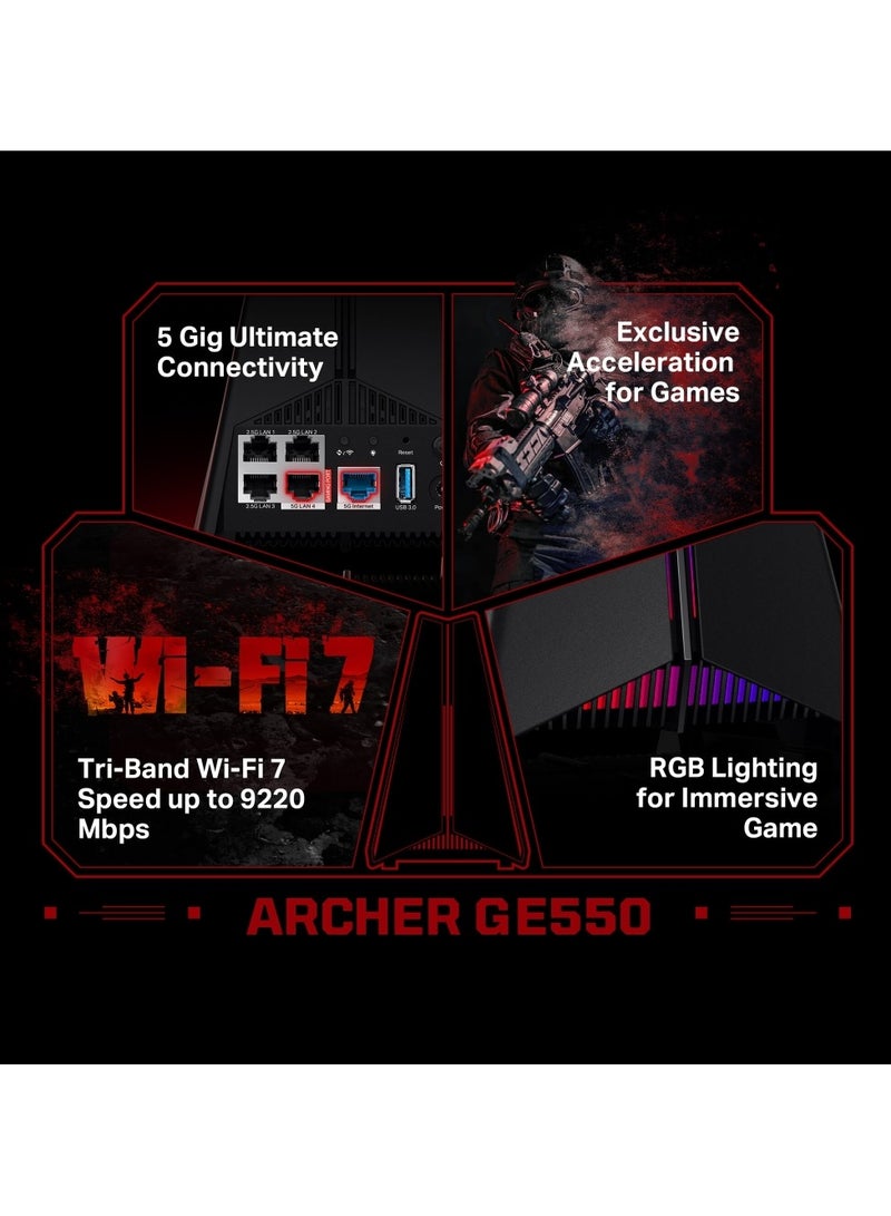 Archer GE550 BE9300 Tri-Band Wi-Fi 7 Gaming Router, 5G Multi-Gigabit Game Ports for Ultimate Speed Experience, Wi-Fi Router up to 9220 Mbps Speed, 4K-QAM, 6 GHz Smart Roaming with Easy-Mesh Black