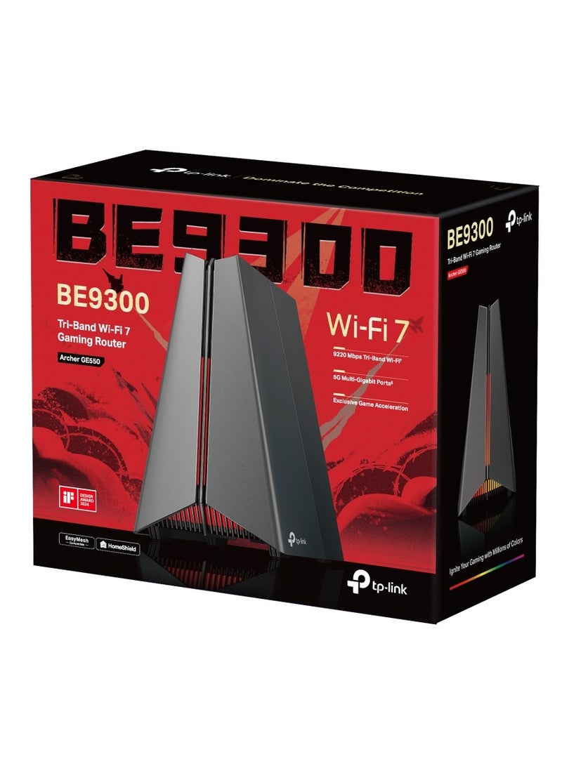 Archer GE550 BE9300 Tri-Band Wi-Fi 7 Gaming Router, 5G Multi-Gigabit Game Ports for Ultimate Speed Experience, Wi-Fi Router up to 9220 Mbps Speed, 4K-QAM, 6 GHz Smart Roaming with Easy-Mesh Black