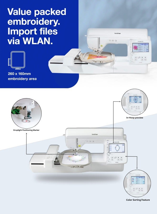brother NV880E Embroidery Machine The perfect next-step embroidery machine To Embellish Your Clothing with Wi-Fi and full of easy-to-use features with 260 x 160mm Embroidery Area Includes three embroidery frames 260mm x 160mm, 150mm x 150mm, 100mm x 100mm | Free App to transfer files and On Screen Editing | Precise LED Pointer for Perfect Needle Positioning and 258 built-in embroidery designs | made in Vietnam | white color NV 880E white - Image 4