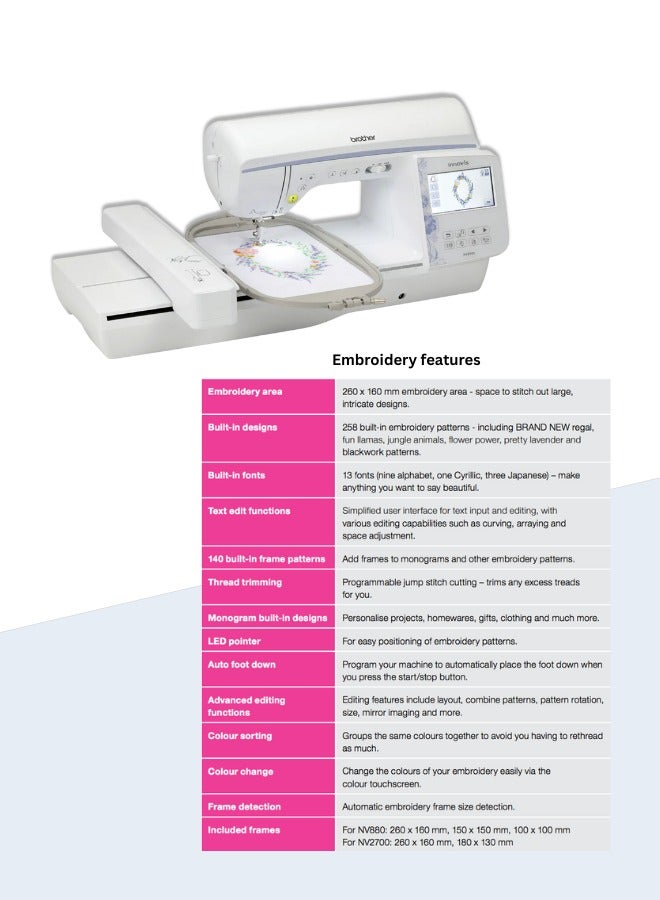 brother NV880E Embroidery Machine The perfect next-step embroidery machine To Embellish Your Clothing with Wi-Fi and full of easy-to-use features with 260 x 160mm Embroidery Area Includes three embroidery frames 260mm x 160mm, 150mm x 150mm, 100mm x 100mm | Free App to transfer files and On Screen Editing | Precise LED Pointer for Perfect Needle Positioning and 258 built-in embroidery designs | made in Vietnam | white color NV 880E white - Image 5