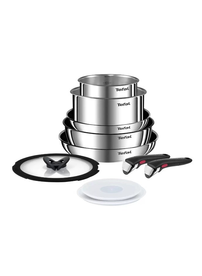 Tefal Ingenio Emotion 10 Piece Set, Pots & Pans Set, Stainless Steel, Stackable, Induction, Easy Cleaning, Non-Stick Coating, Heat Indicator silver pack of 10  - Image 1