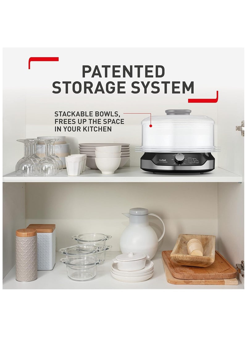 تيفال Ultracompact Steam Cooker, 9L Capacity, 3-Tier Food Steamer, Stackable Storage System, BPA-Free Bowls, 60-Min Timer, Refill While Steaming, Rice Accessory, Removable Cooking Bowls, Black, VC204865 9 L 800 W VC204865 Black  - Image 4